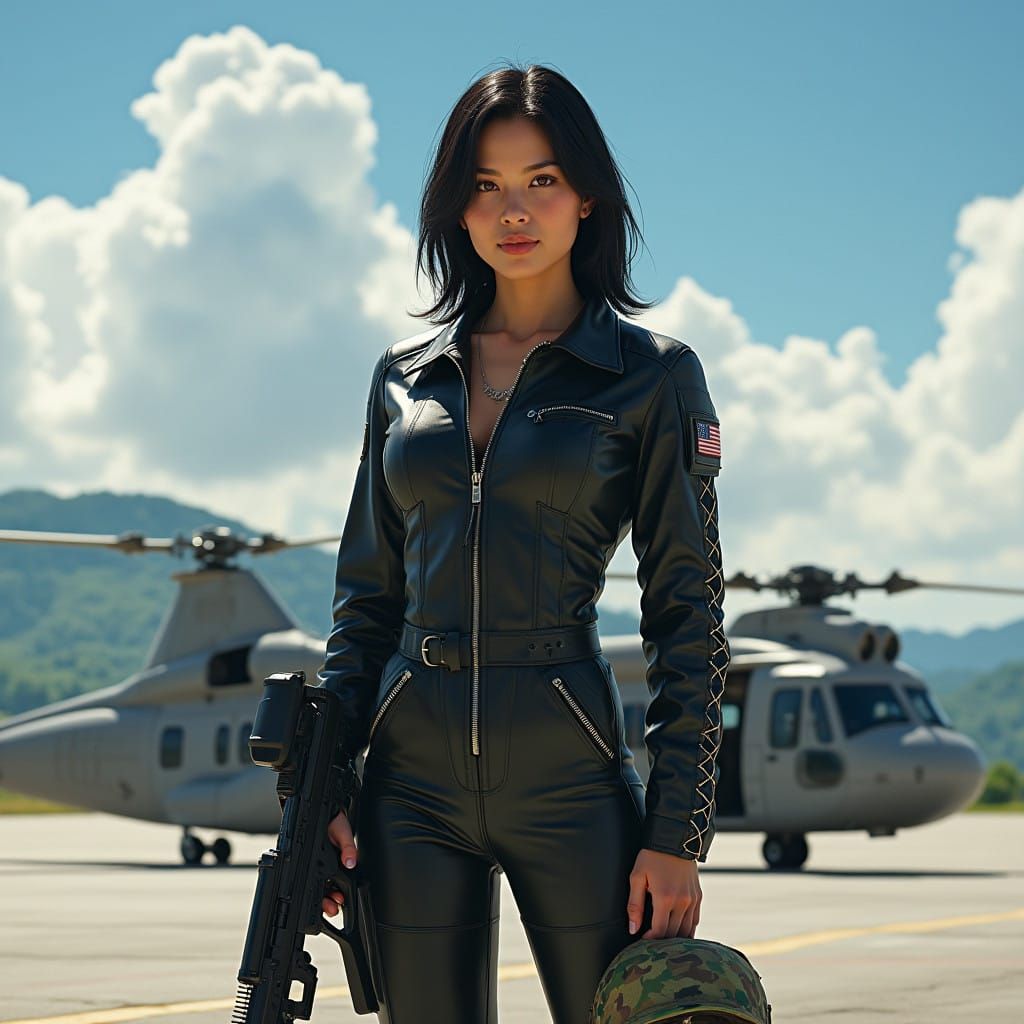 Confident Filipina Military Pilot in Cyberpunk-Inspired Gear