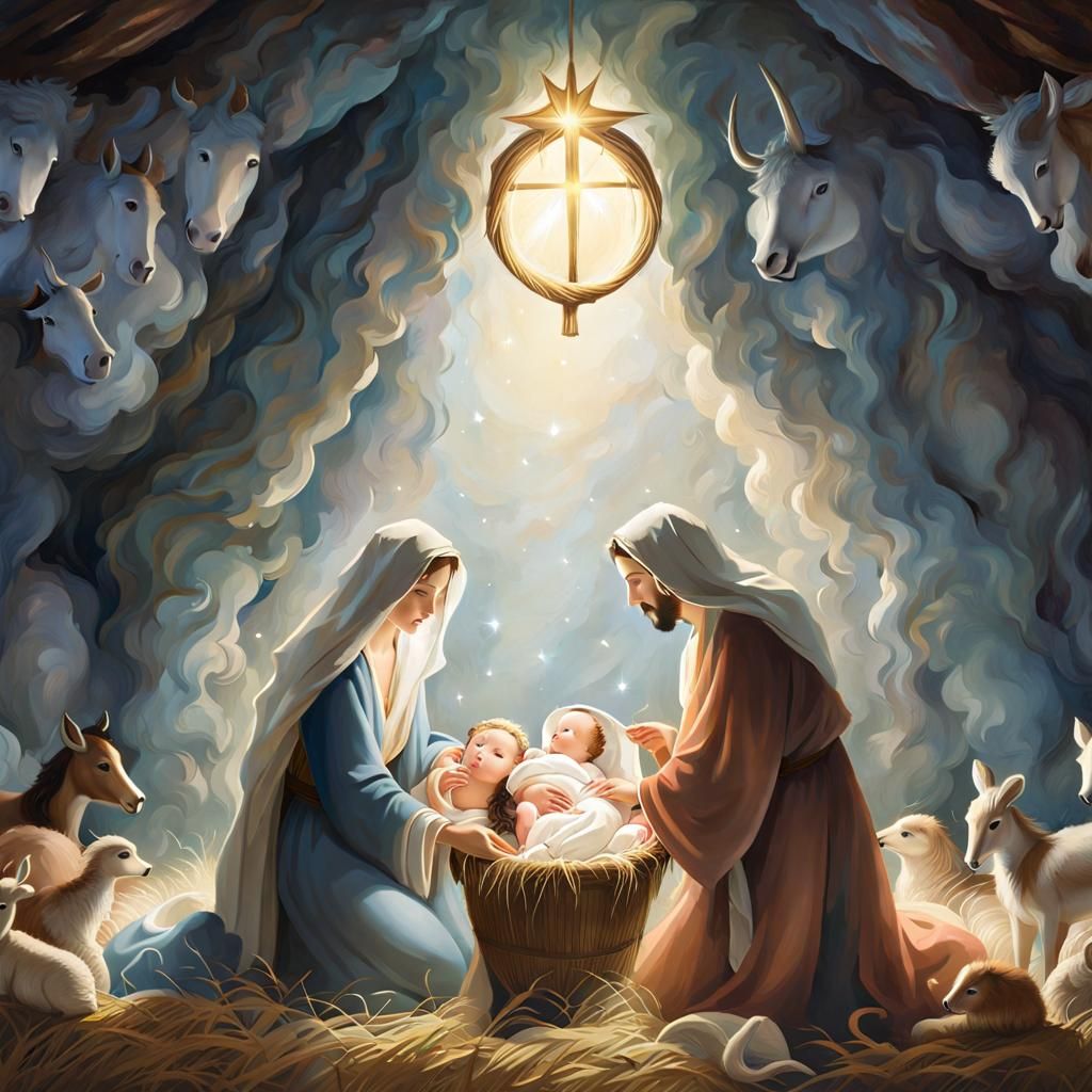 Nativity Scene of Jesus' Birth in Impressionist Style