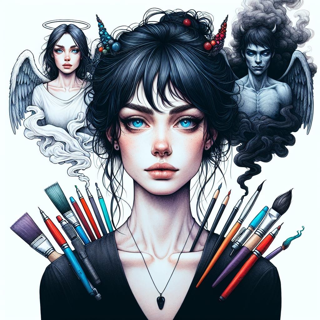 Ethereal Woman Surrounded by Celestial and Infernal Smoke Be...