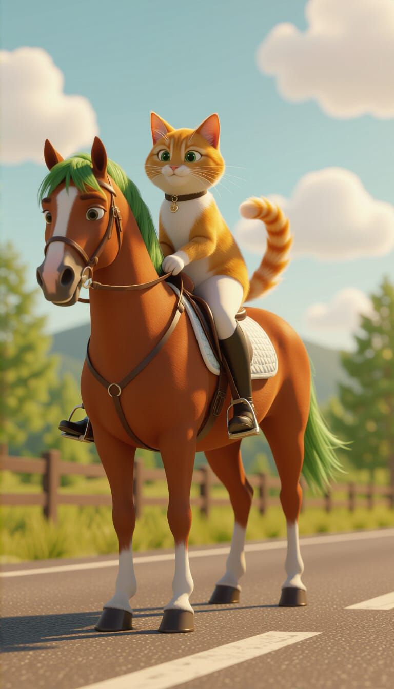 a cat riding on the back of a brown horse