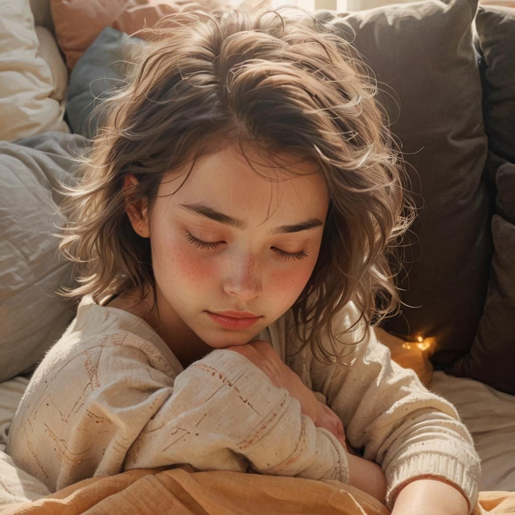 Cozy Bedroom Portrait with Soft Lighting and Pastel Colors
