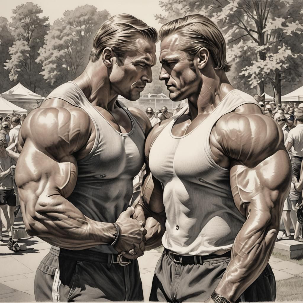 Detailed Pencil Sketch: Muscular Bodybuilders Cuddling