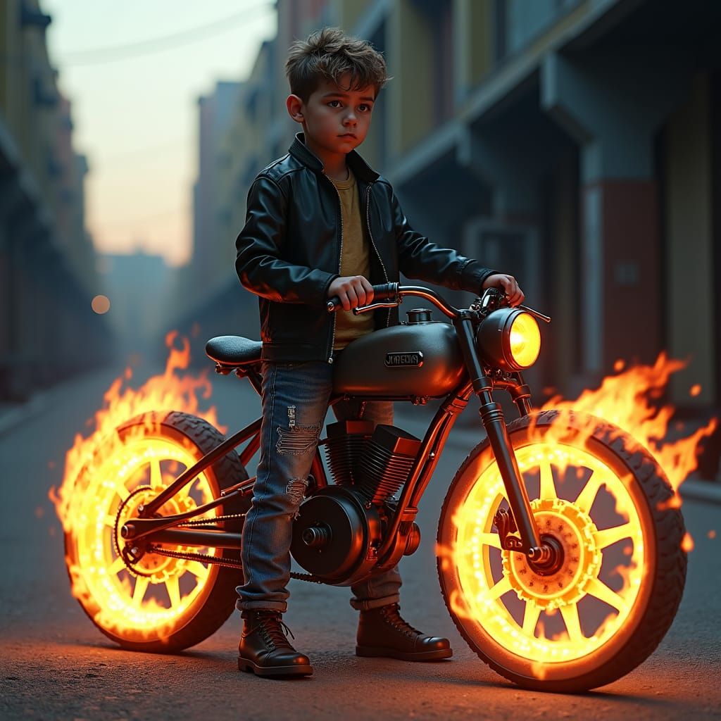 Boy with Flaming Bicycle in Industrial Cityscape