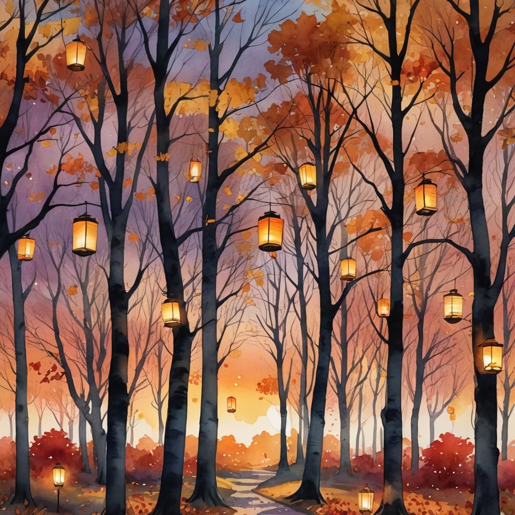 Surreal Autumn Sunset Landscape in Modernist Digital Waterco...