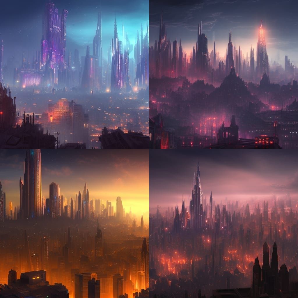 Detailed City Skyline at Night: Matte Painting
