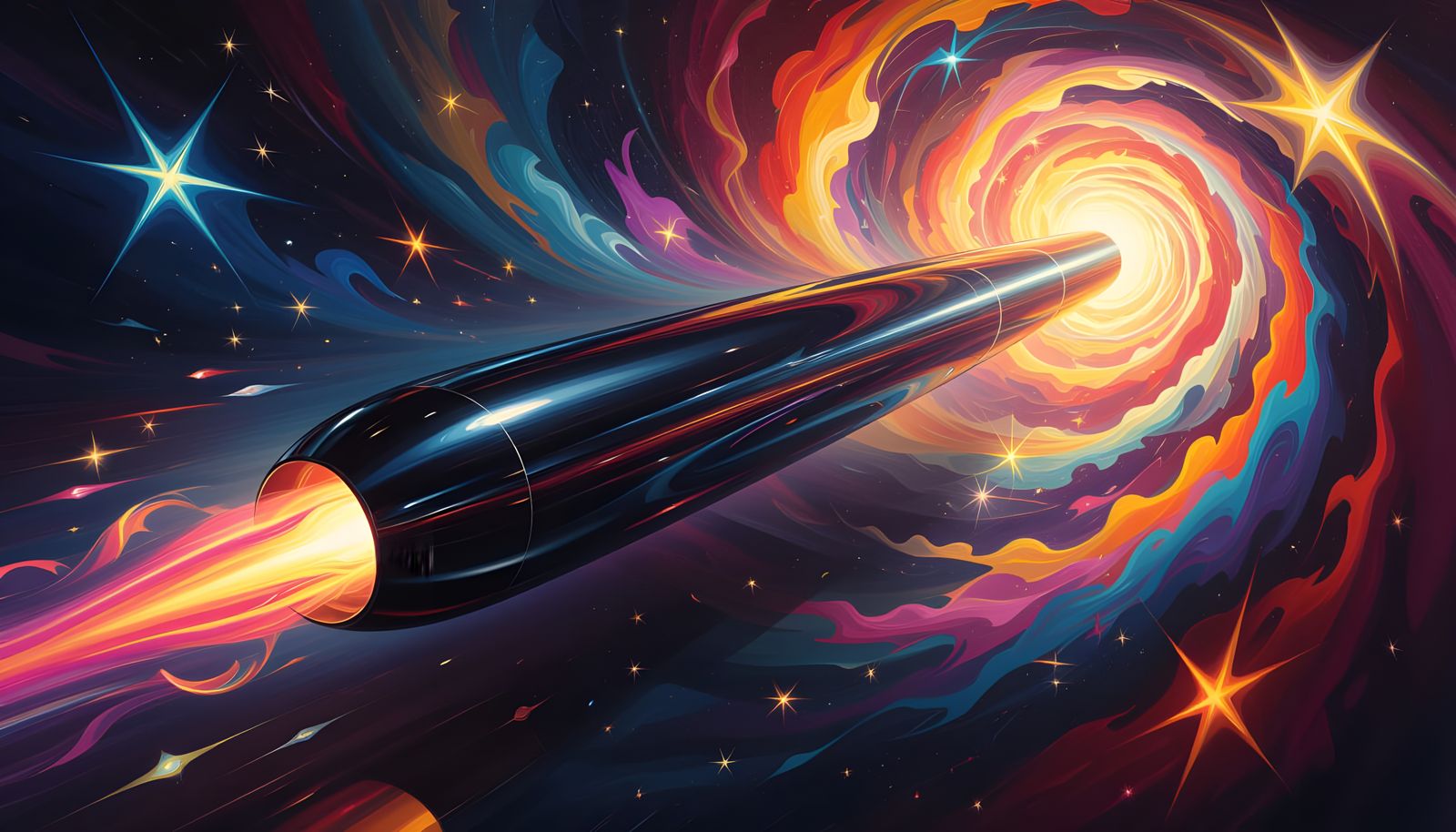 Black Cylinder Races Through Kandinsky-Inspired Star Vortex