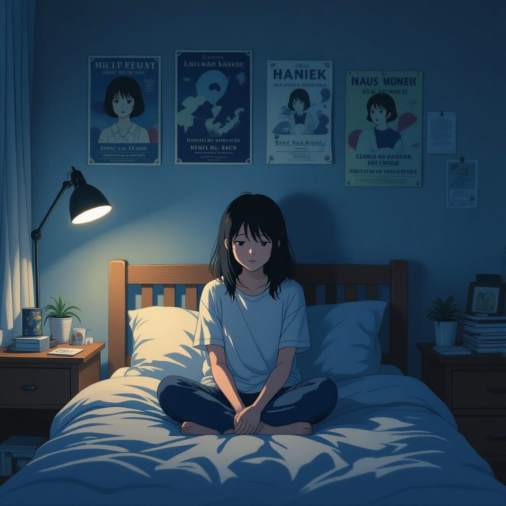 Lonely Girl in Bedroom at Night: Cinematic Scene