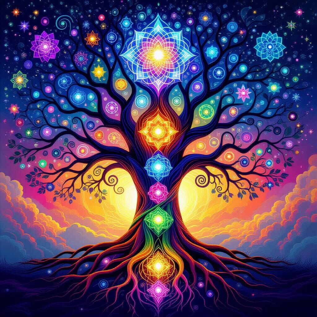 Vibrant Psychedelic Tree of Life with Chakra Crystals