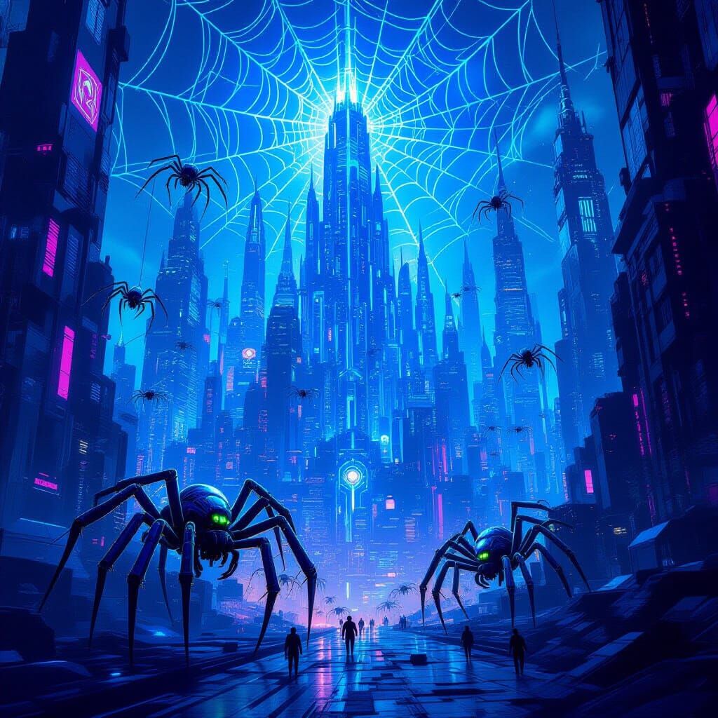 Futuristic Spiderweb City Built by Biomechanical Spiders