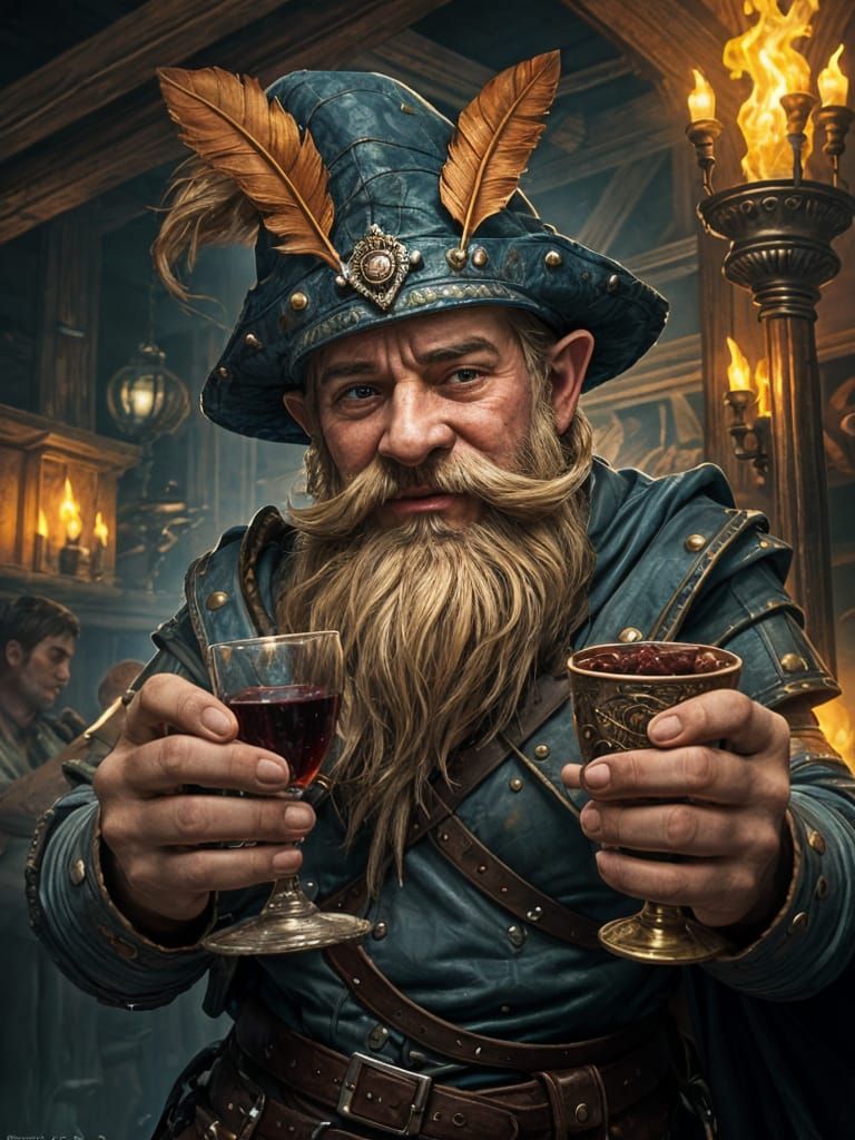 Dwarf Swashbuckler in a Vibrant Tavern Scene