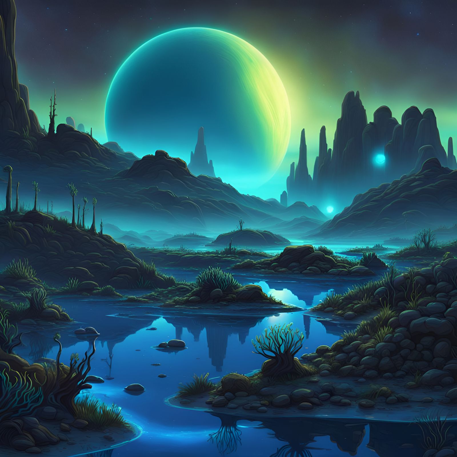 Lush Bioluminescent Alien Planet in Pixar Style