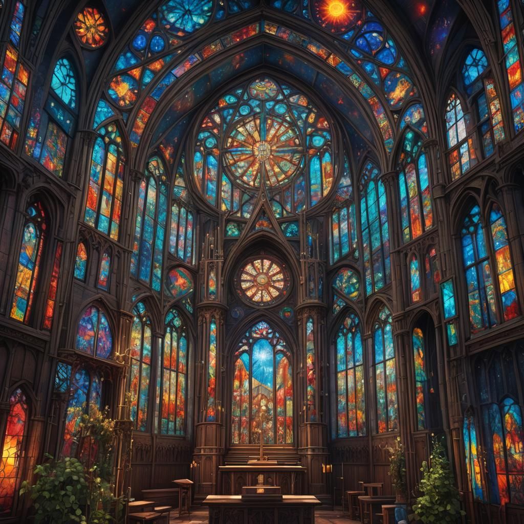 Stained Glass Church in Cosmic Illustration Style