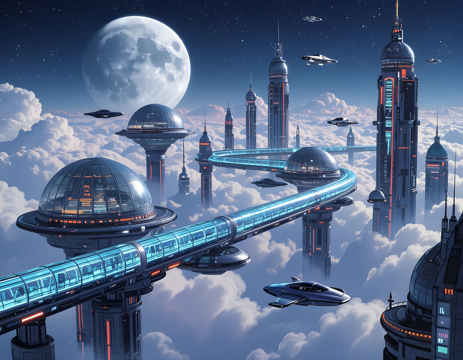 Futuristic Cloud City with Moon Settlements and Neon Transpo...