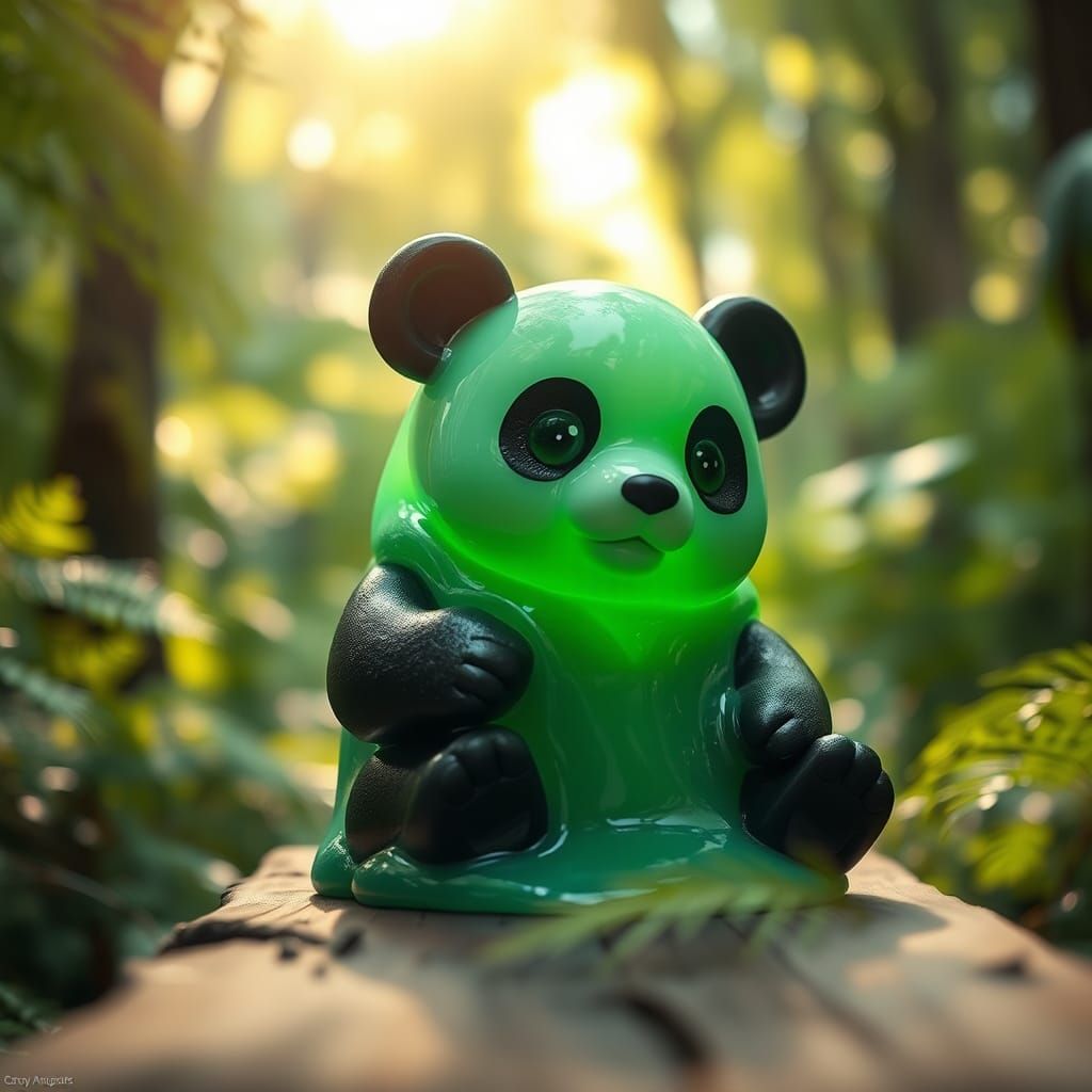 Glowing Slime Panda Figurine in Forest
