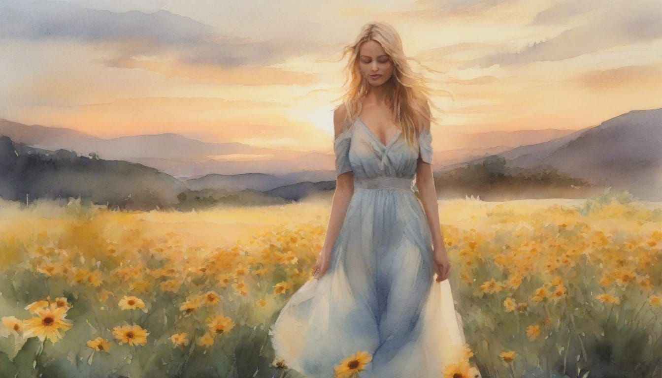 Young Woman in Yellow Field of Daisies with Ethereal Landsca...