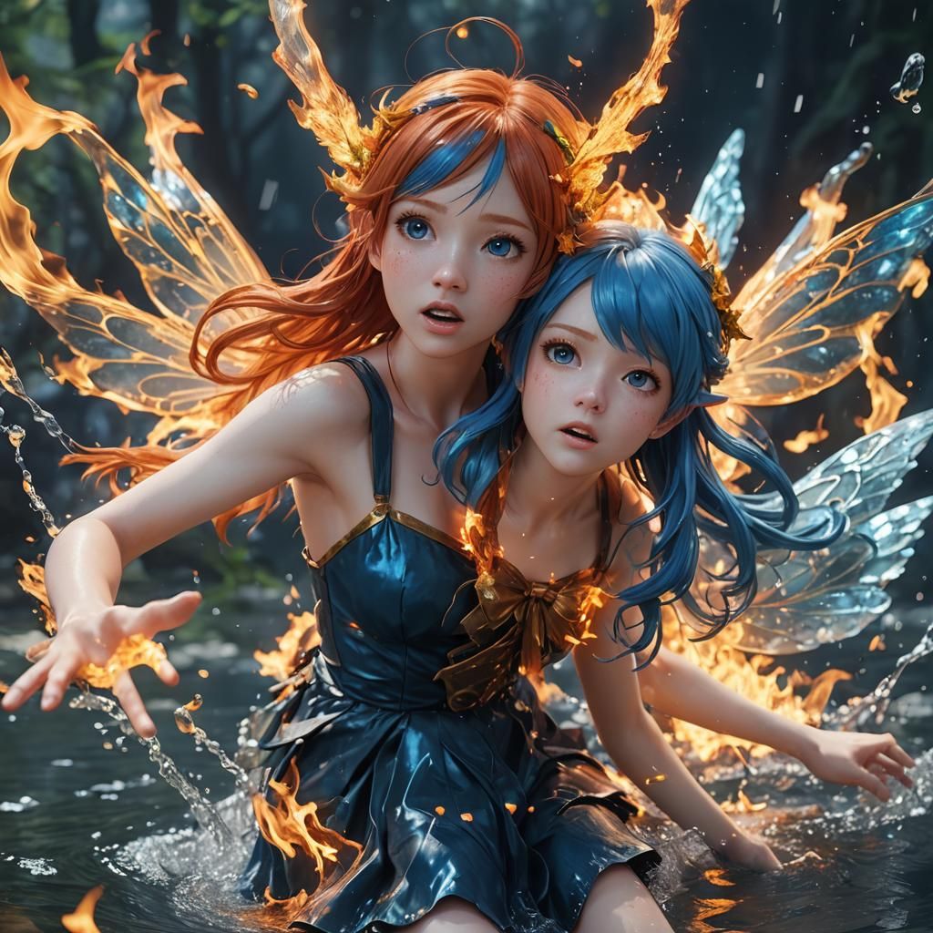 Shocked Fire and Water Fairies in Detailed 3D Anime