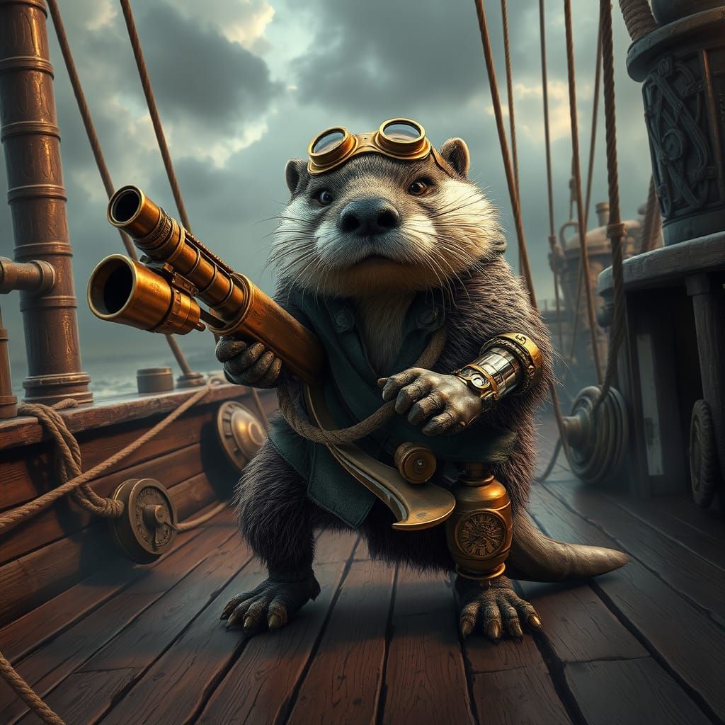 Steampunk Sea Otter Pirate in Industrial Airship Battle