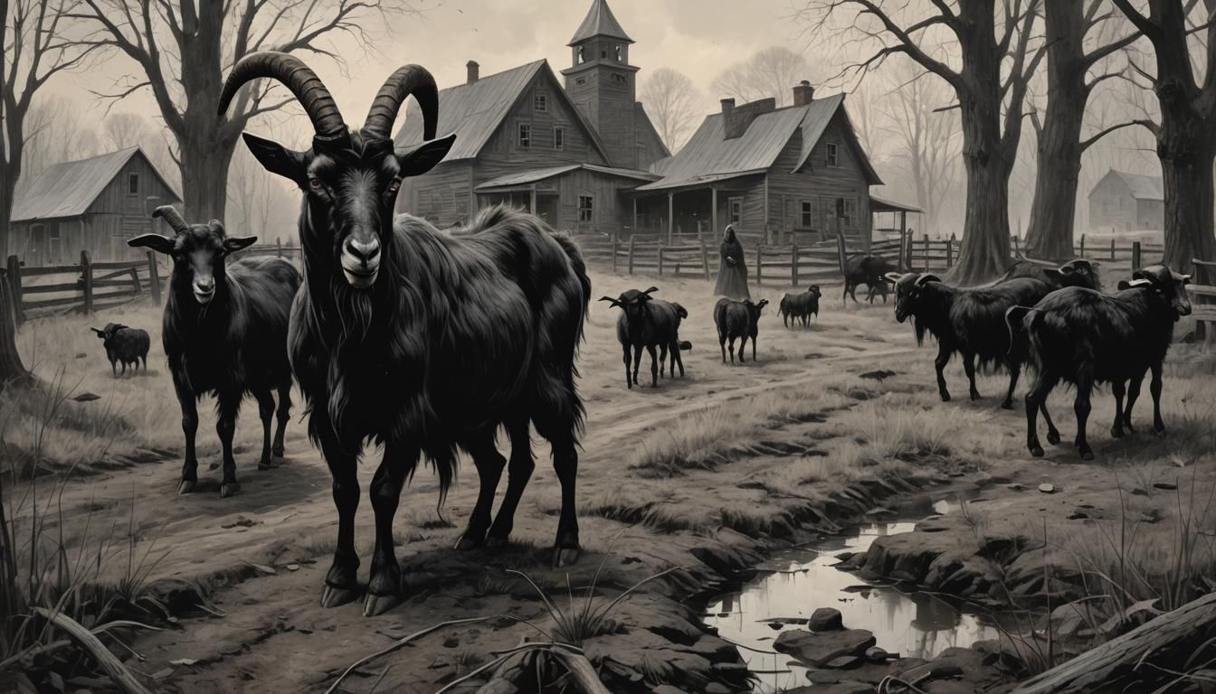 Sinister Black Goat in Puritan Farm Horror Scene