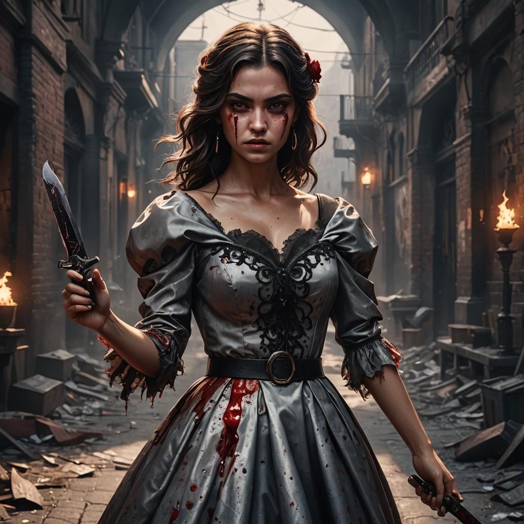 Girl with Bloody Knife: Dark Mafia Fantasy Art