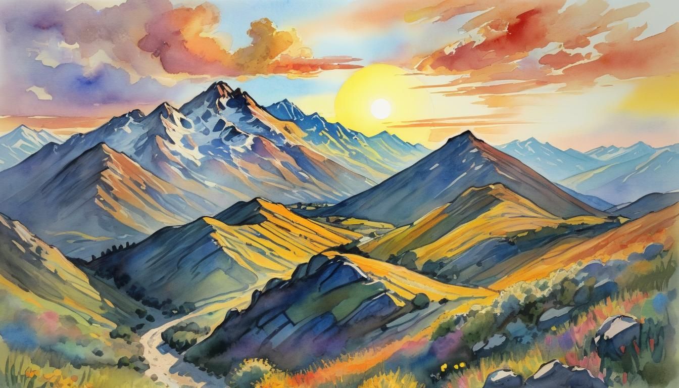 Mountain Sunset in Impasto and Watercolor Style