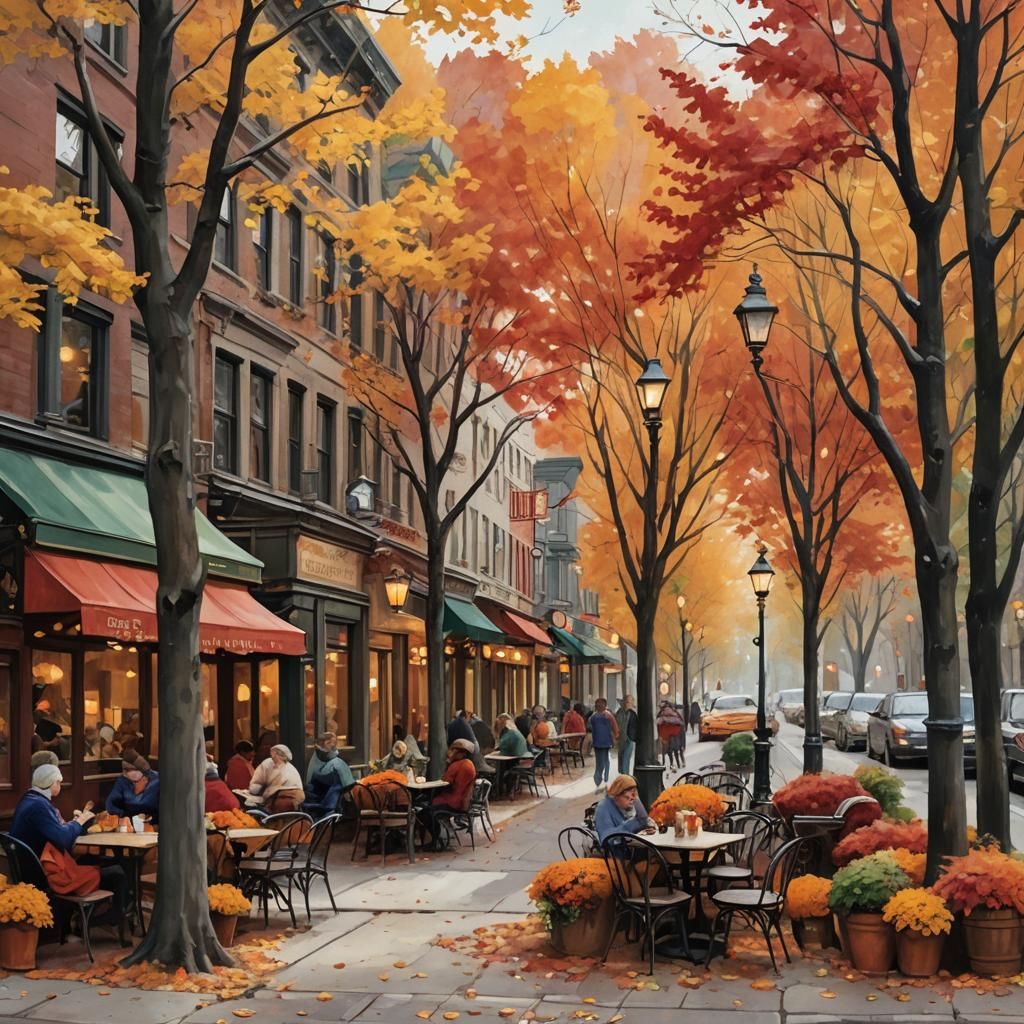 Cozy Autumn Street Scene with Quaint Cafes