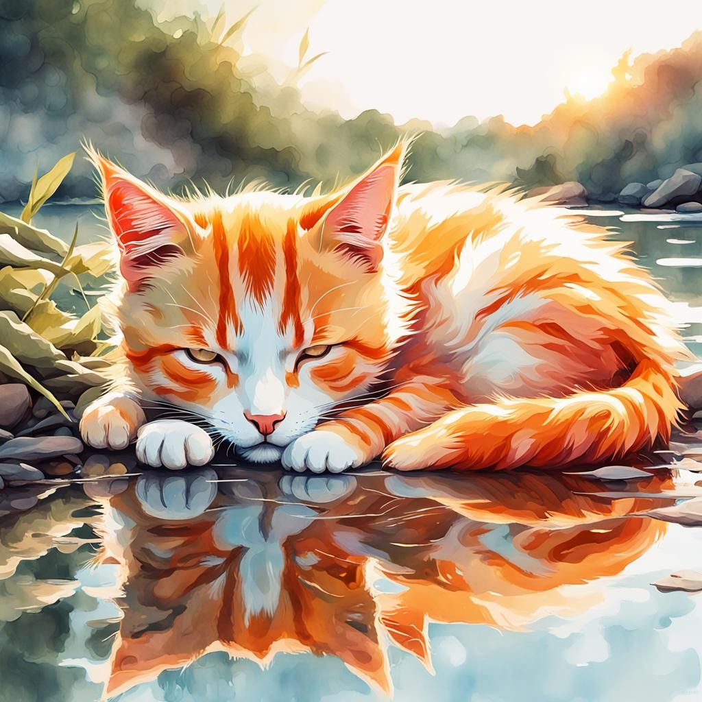 Orange Kitten Sleeping: Watercolor Sunset Reflection