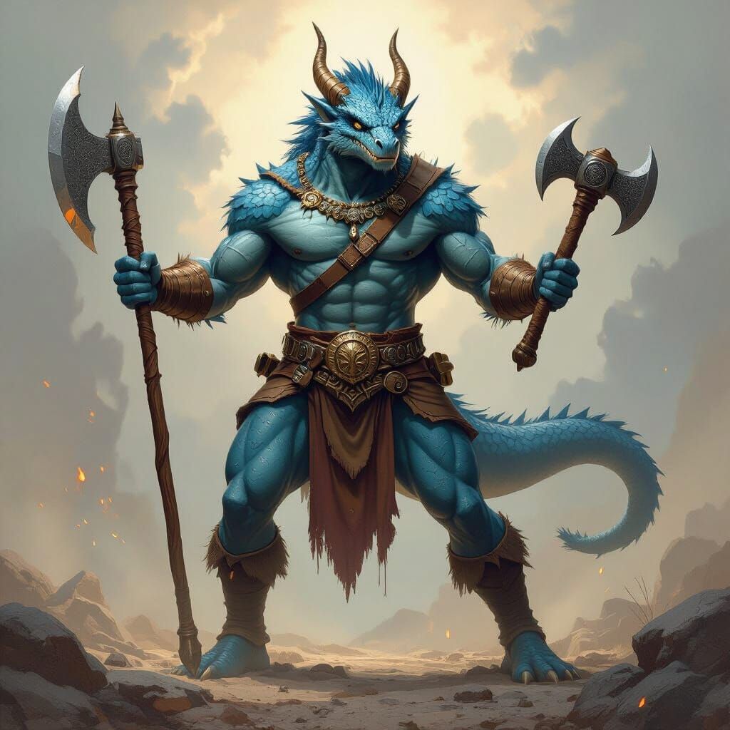 Blue Scaled Dragon Warrior with Axe and Hammer