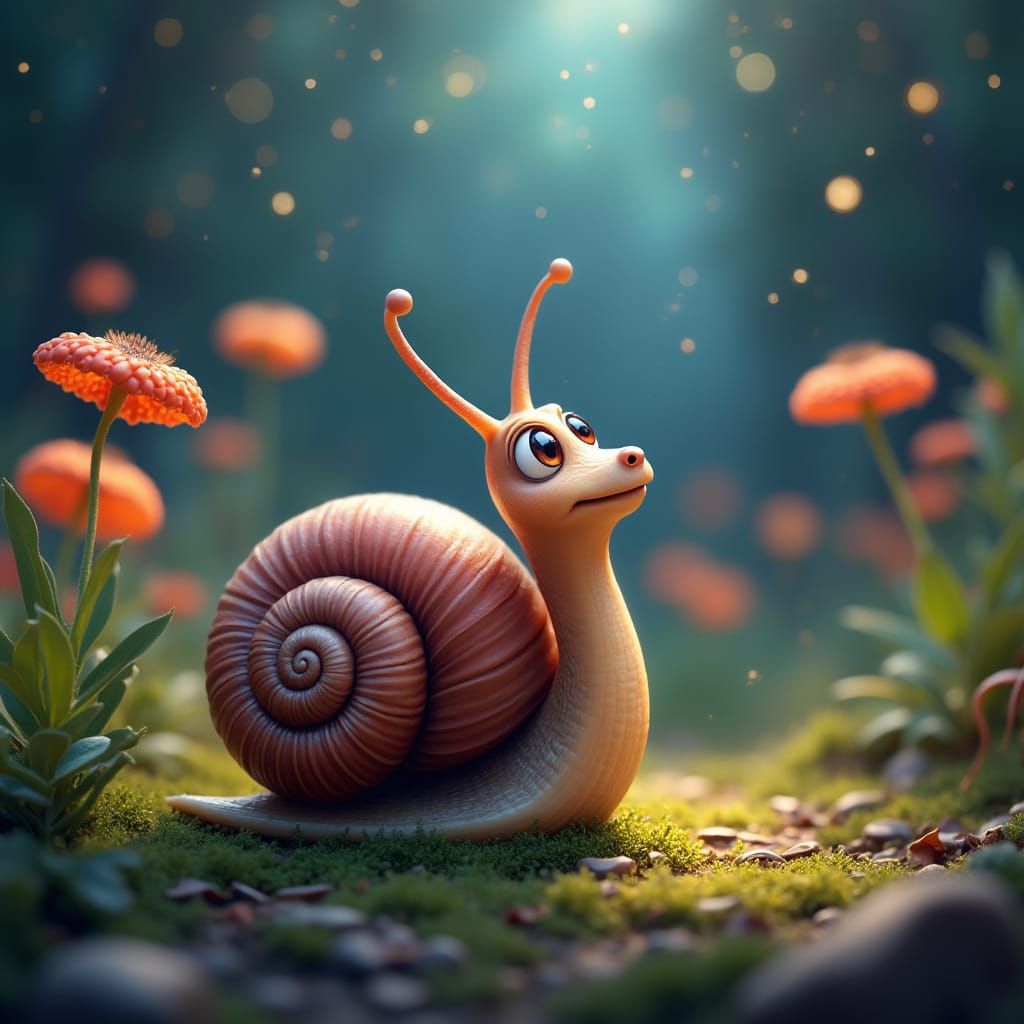 Cartoon Snail's Astral Garden Adventure in Holographic Style