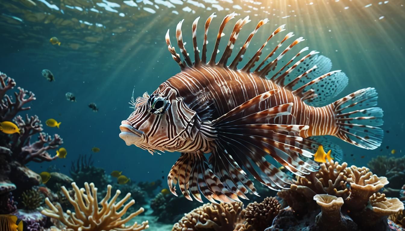 Lionfish Swims Above Coral Reef in Sunlight