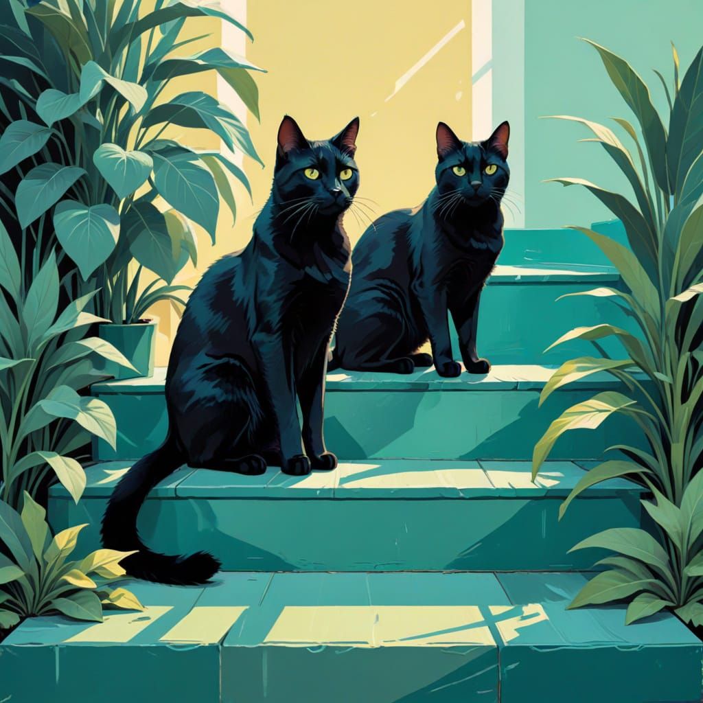 Black Cats on a Teal Stairway