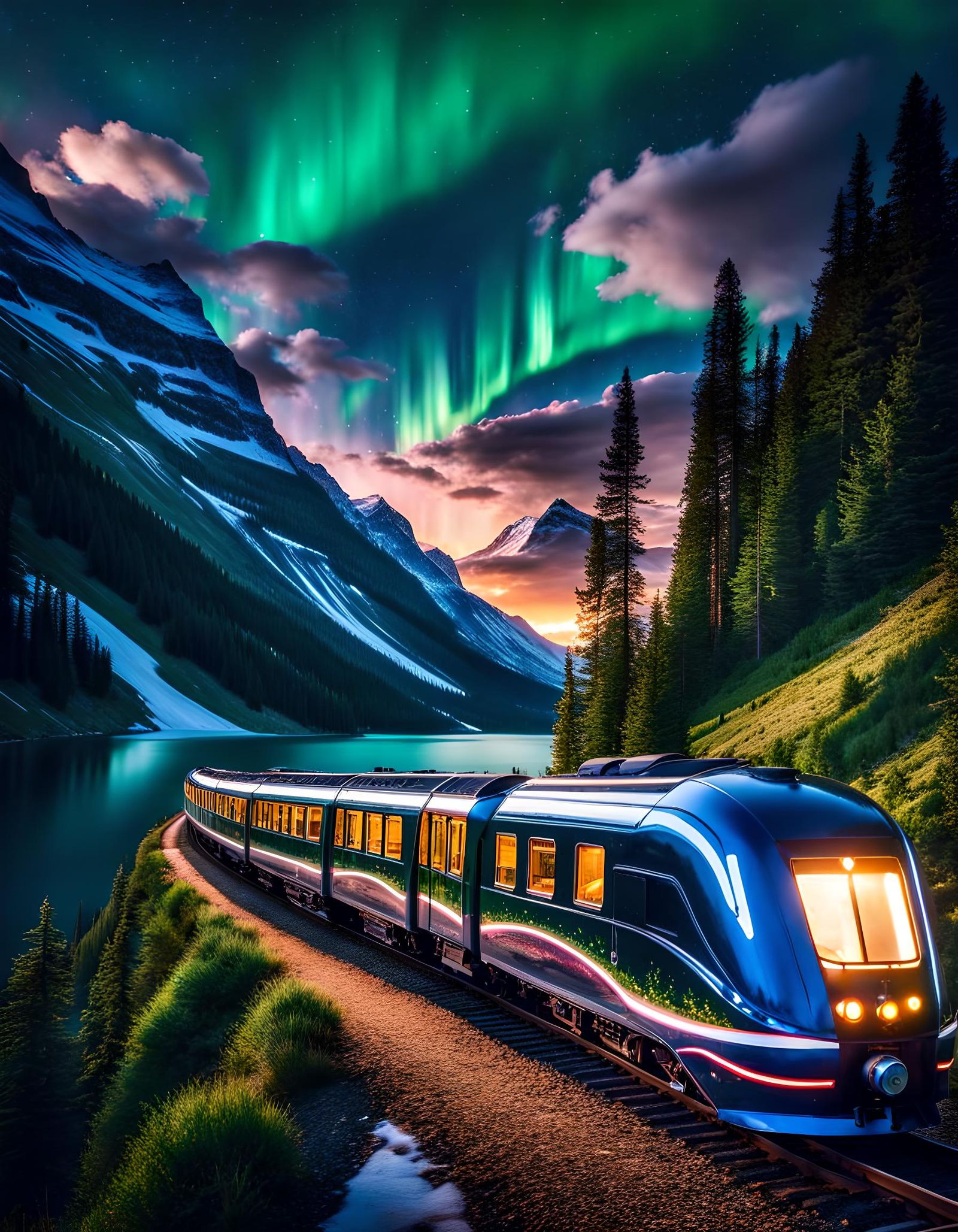 Magical Aurora Train Journey Through Alpine Sunset