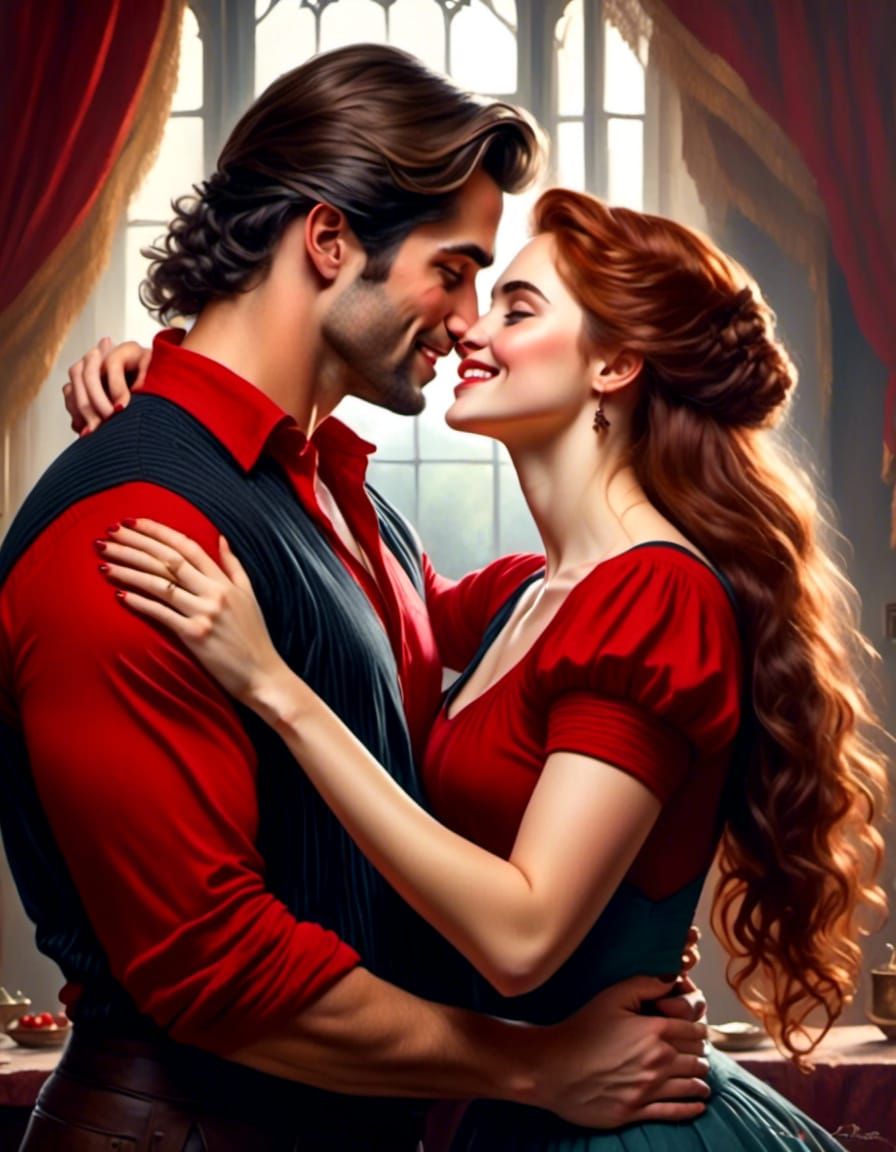 Joyful Auburn-Haired Woman Kissing Man Portrait