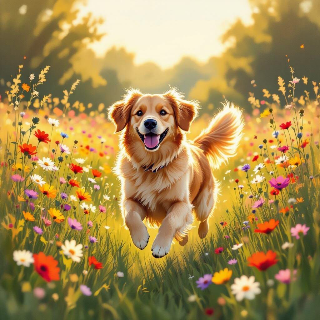 Golden Retriever Hopping in Sunny Meadow with Wildflowers
