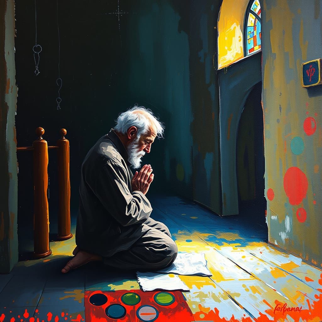 Praying Italian Man: Impressionist Oil Painting