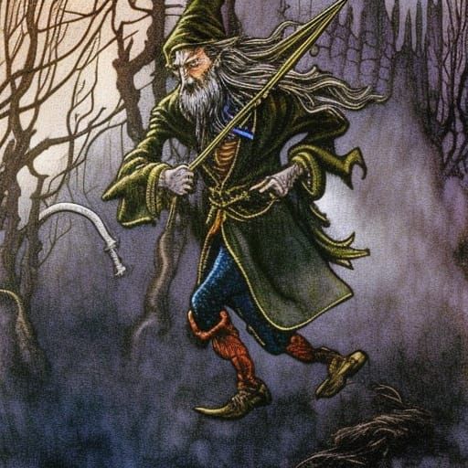 Wizard Running Away in Rackham Style Illustration