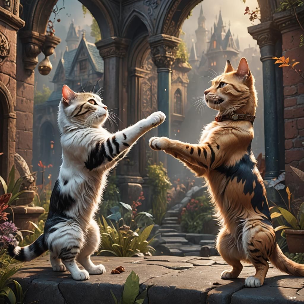 Cat and Dog High Five: Detailed Matte Painting