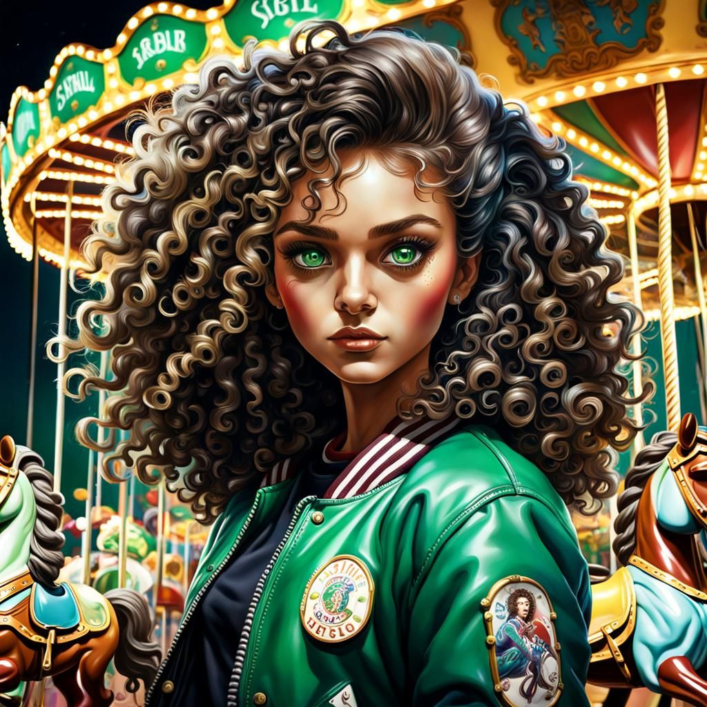 Girl on Carousel at Night in Hyperrealistic Style