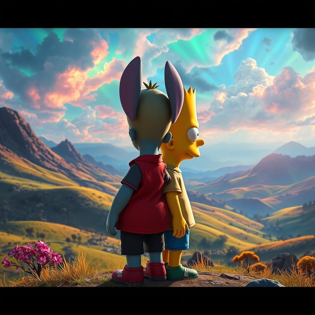 Fantasy Adventure Scene in Vibrant, Dreamlike Landscape