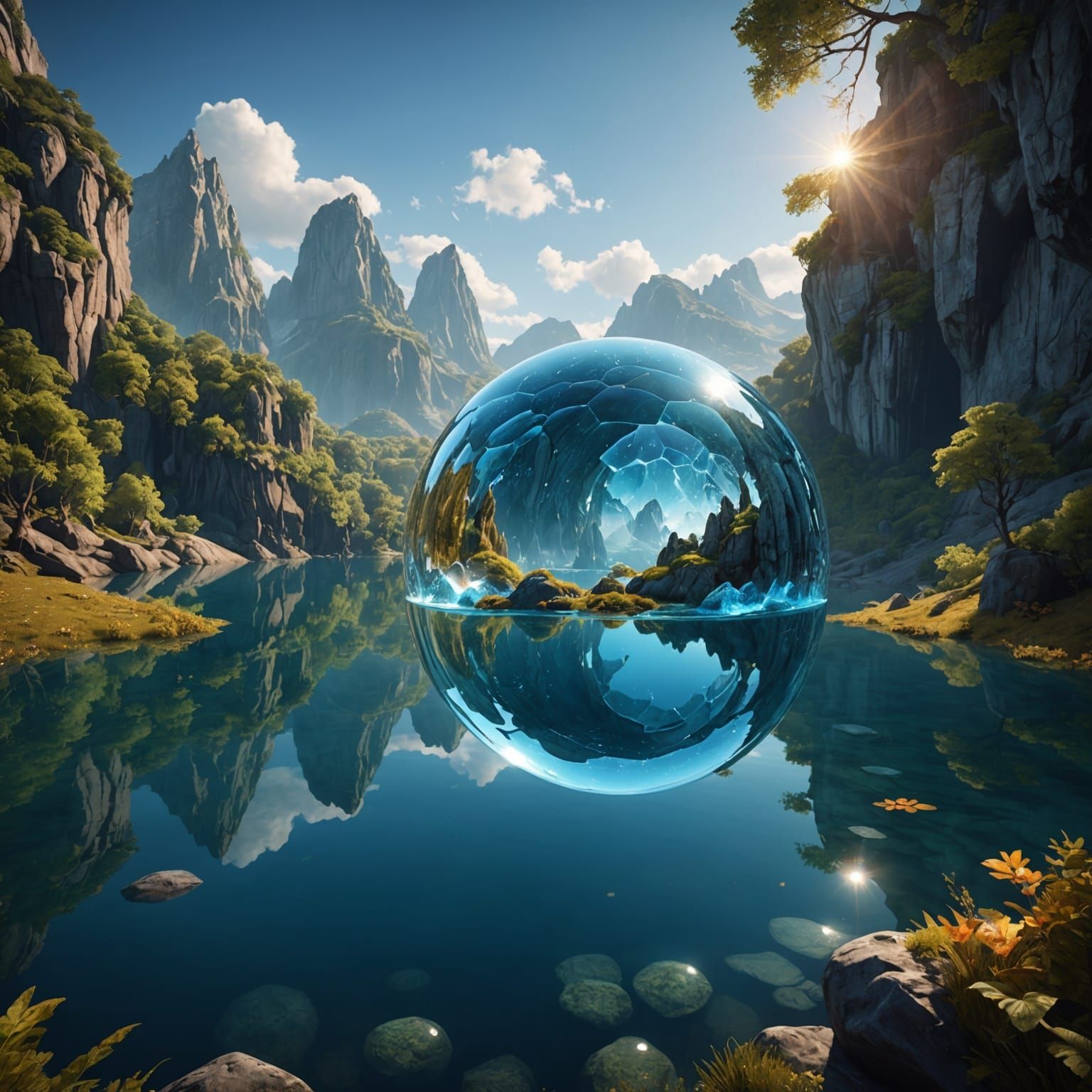 Crystal Cave with Reflecting Lake and Water Sphere
