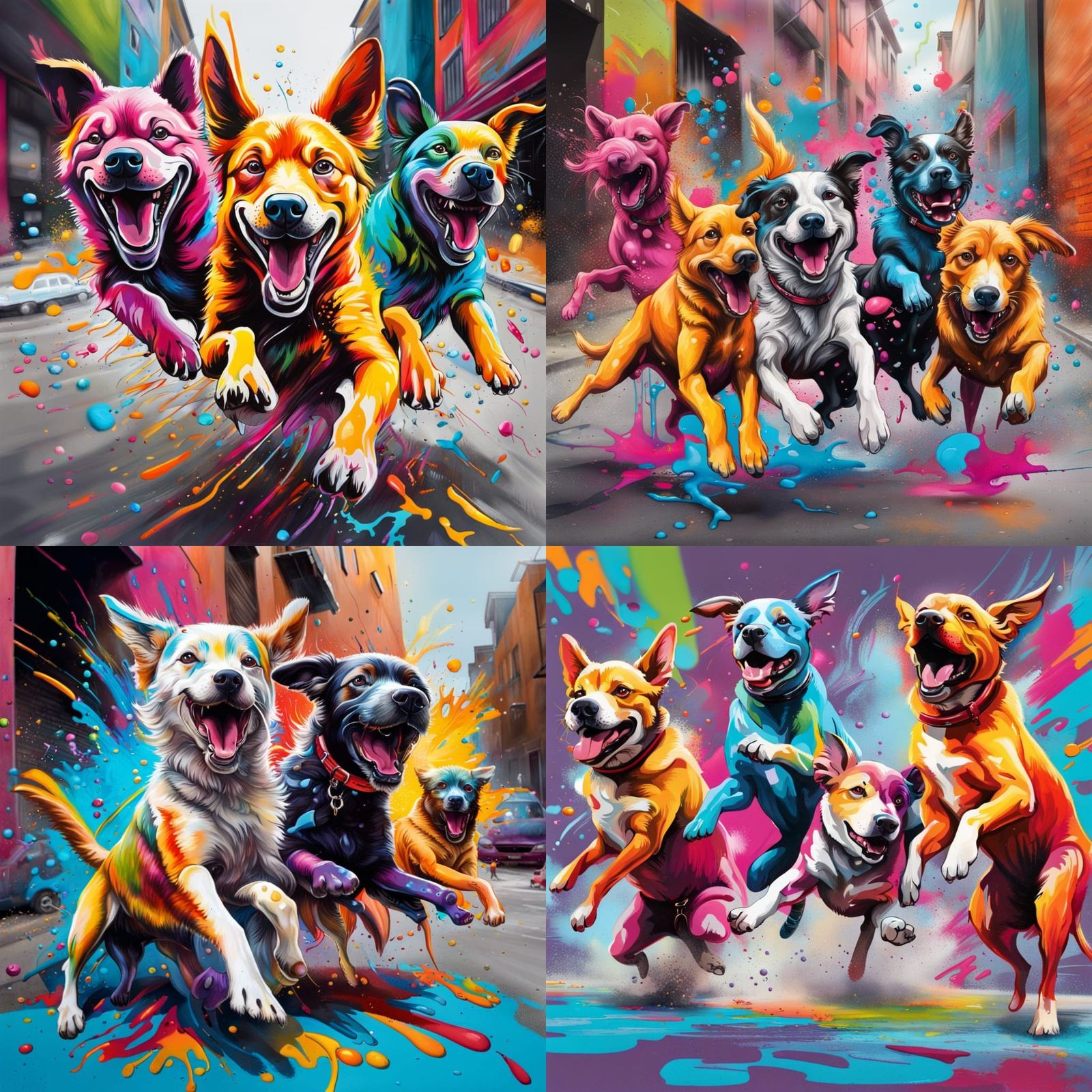 Hyperrealistic Dogs Jumping in Vibrant Graffiti Art