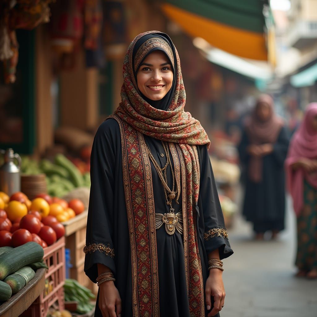 Middle Eastern Woman in Traditional Dress in Marketplace