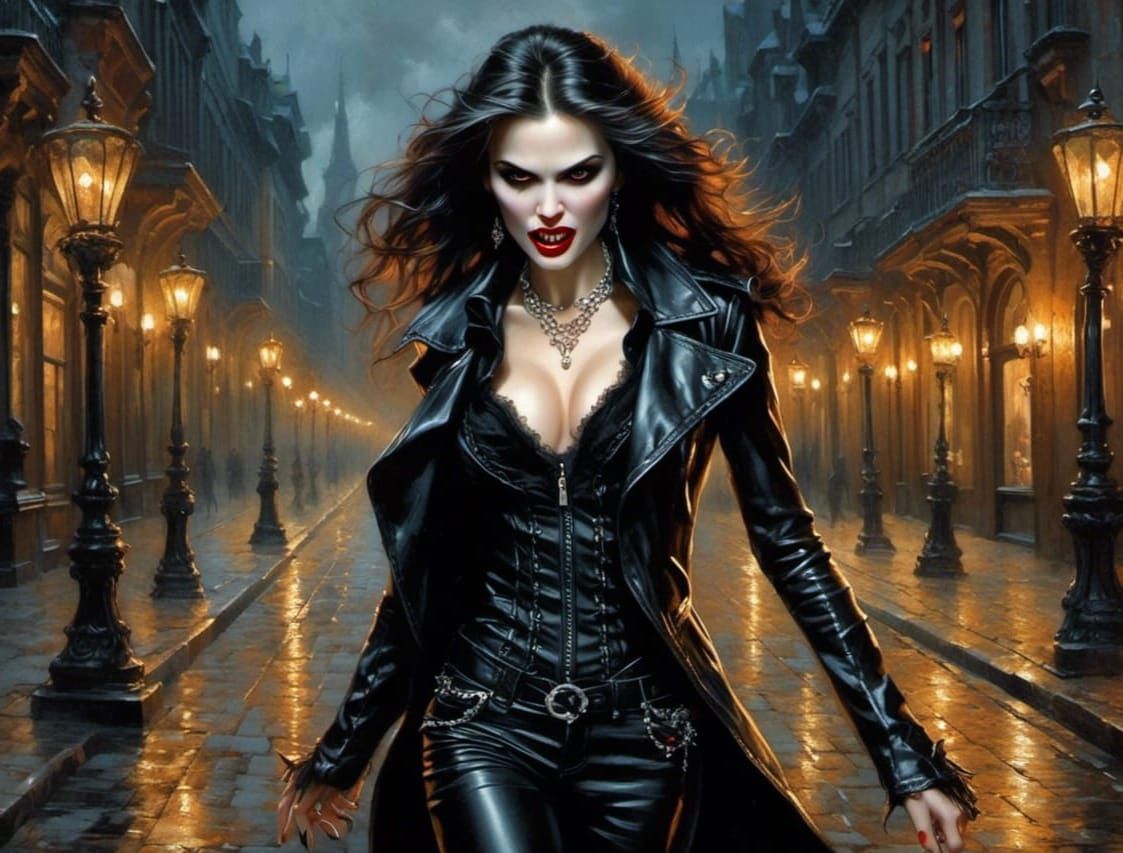 Angry Vampire with Long Fangs in City Streets