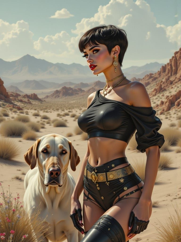Golden Sunset Pin-Up Girl Walks Through Desert Dunes