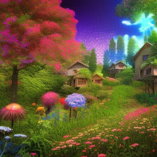 Blooming Village: Holographic Cosmic Illustration