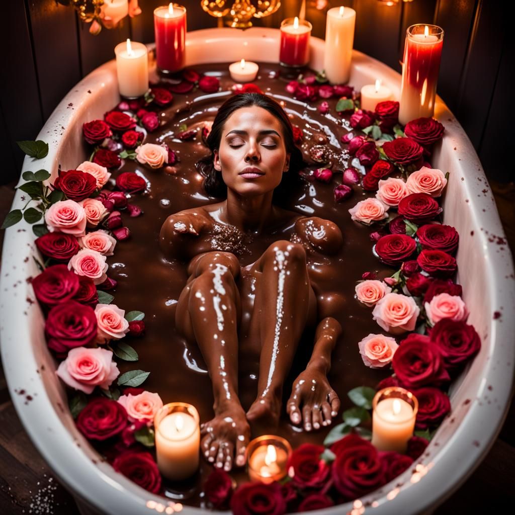 Woman Bathes in Chocolate with Roses and Candles