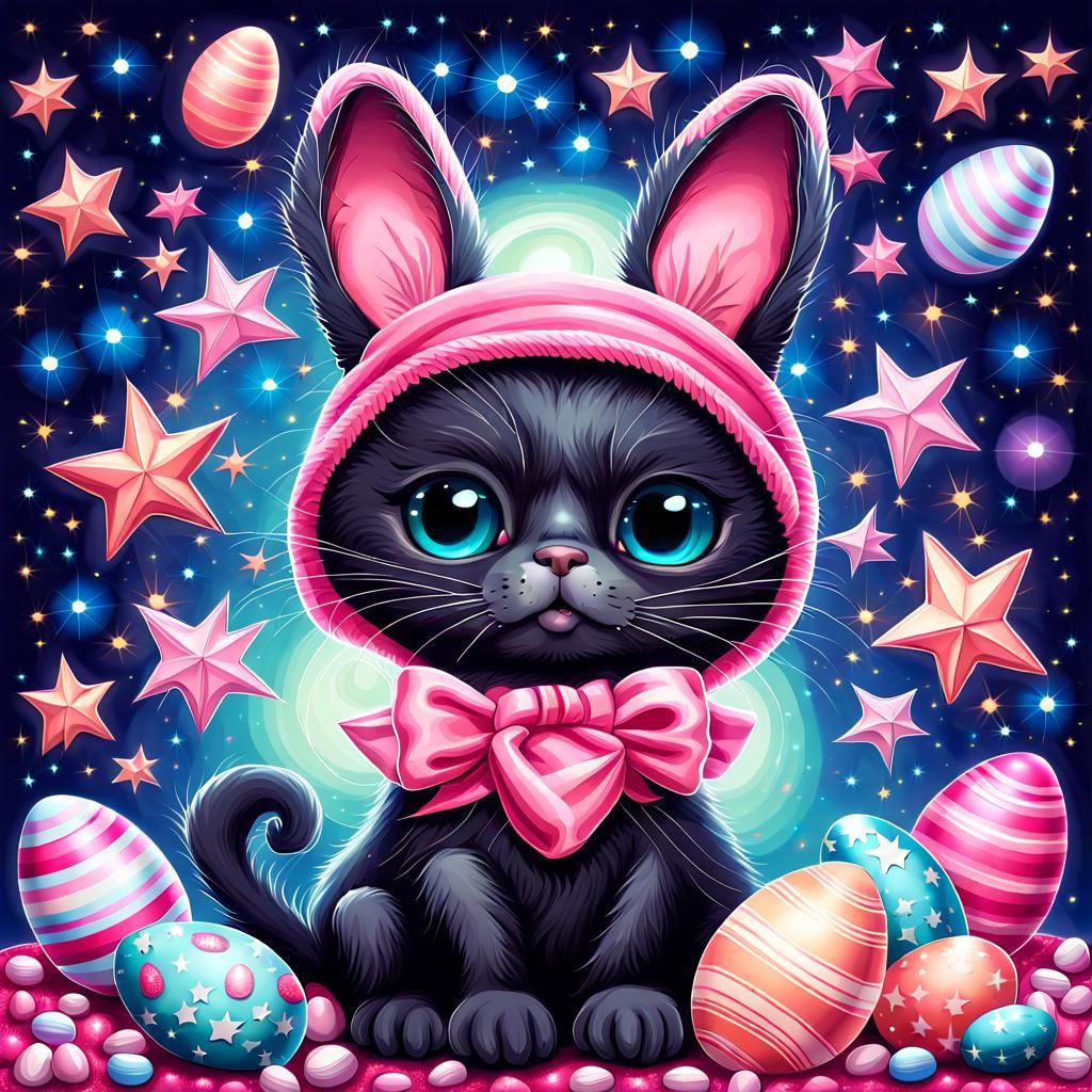Happy Black Cat in Bunny Costume Illustration