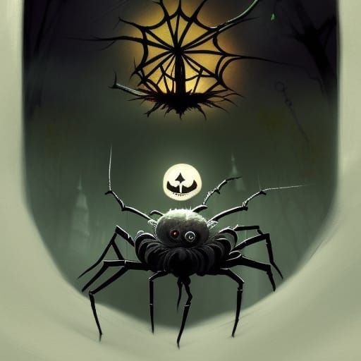 Cute spooky spider in the night with full moon Tim Burton style masterpiece