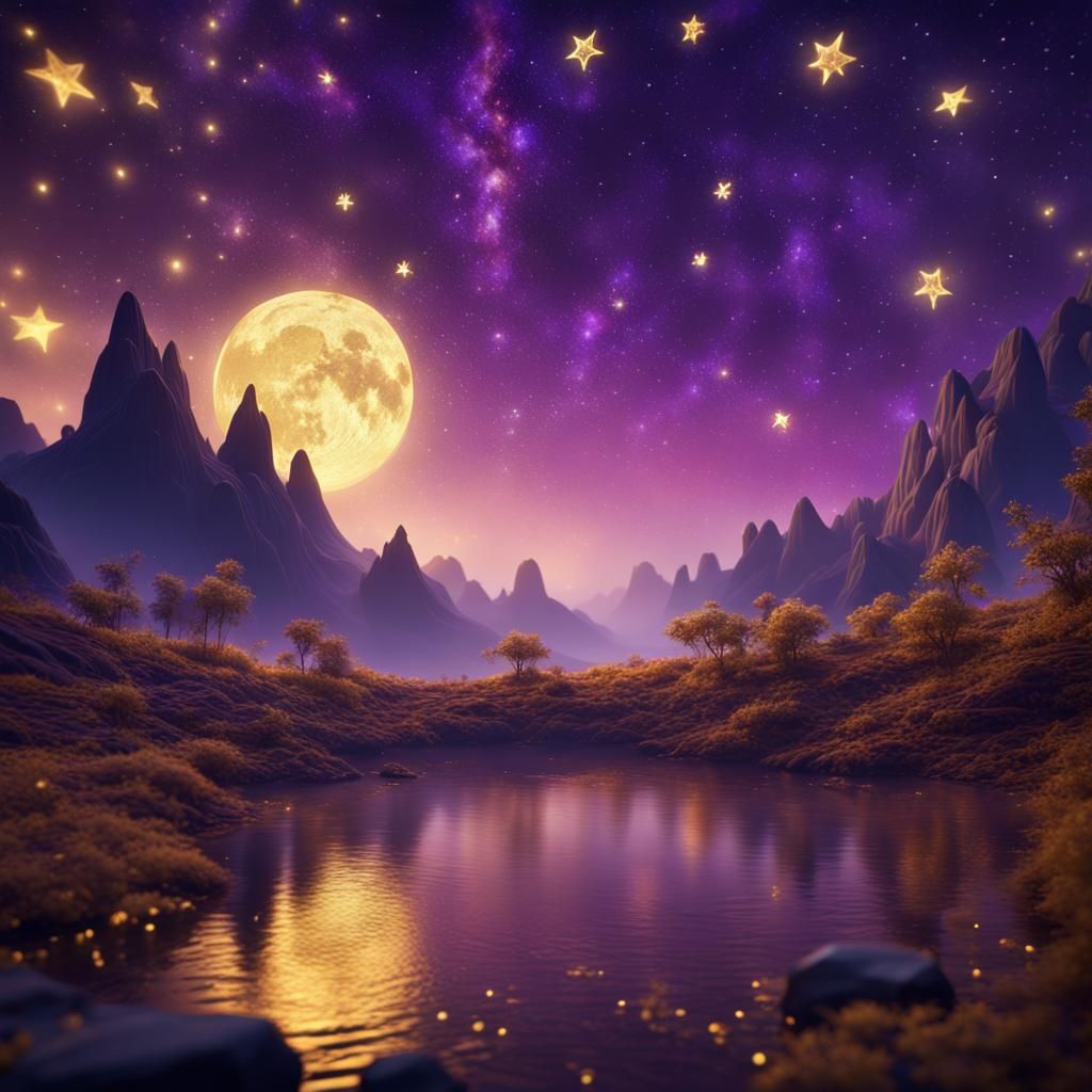 Gold and Purple Starry Night Sky: Detailed Matte Painting