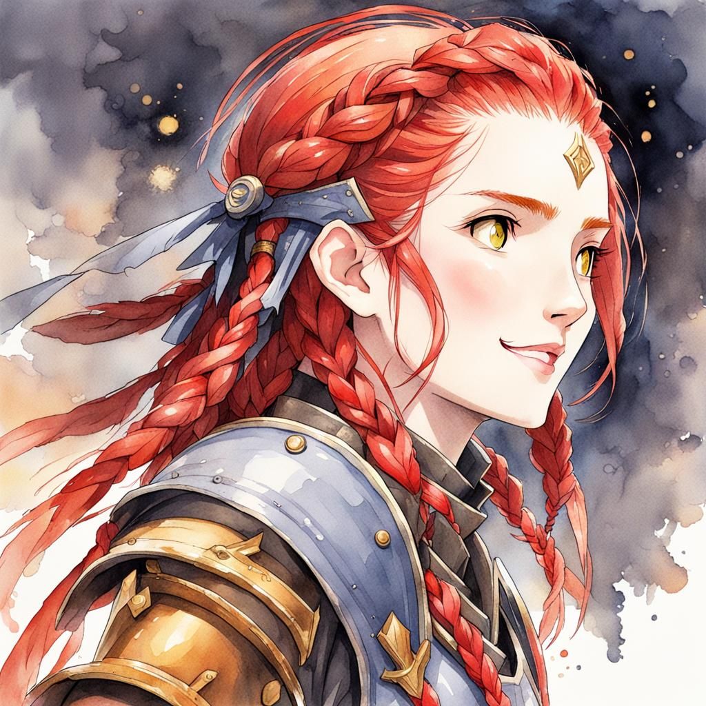 Happy Warrior Maiden in Anime Watercolor Style