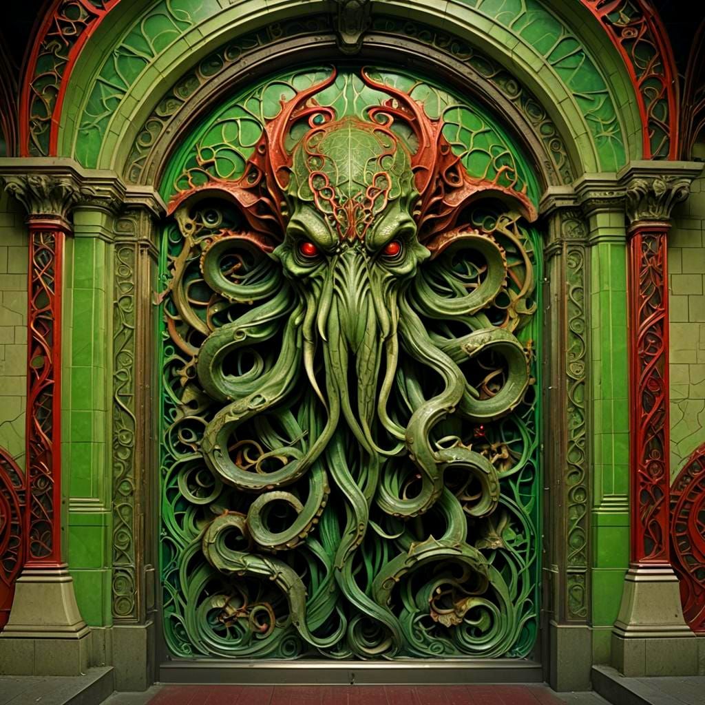 Cthulhu Emerges from Paris Metro, Alphonse Mucha Style